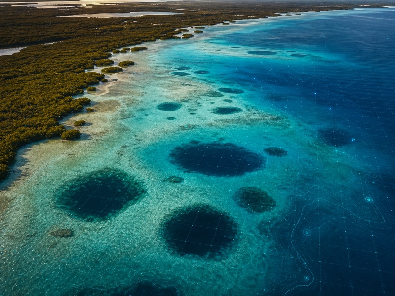 Laguna de Bacalar desde el aire con tonos azules, manglar y líneas de monitoreo