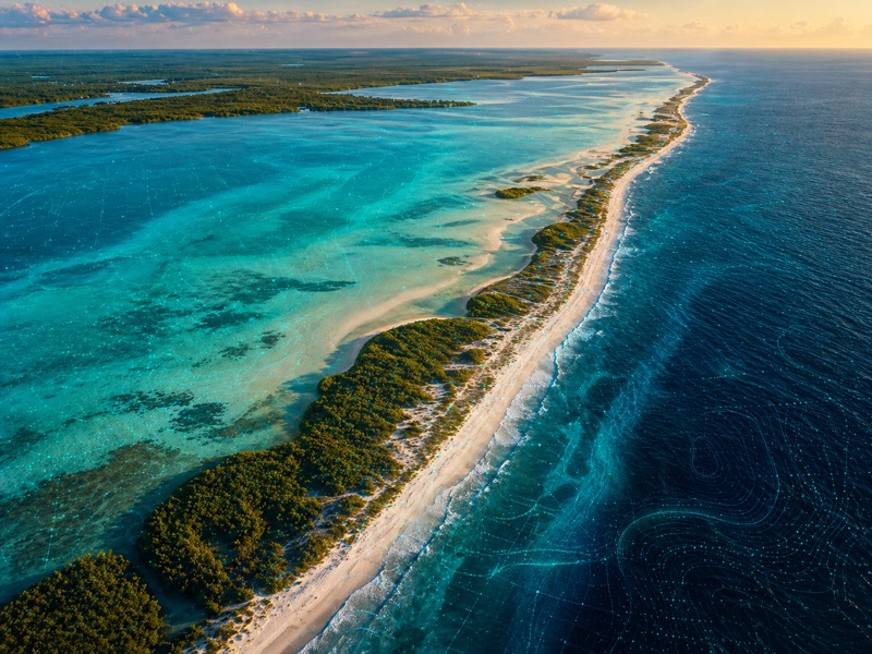 Vista aérea de Holbox con bancos de arena, laguna turquesa y manglar