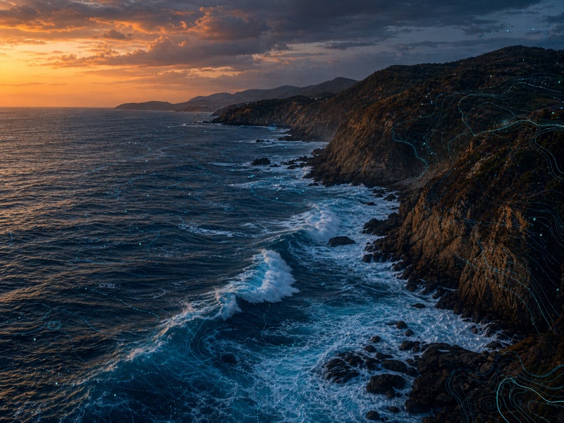Costa de Puerto Escondido con acantilados oscuros y oleaje del Pacífico