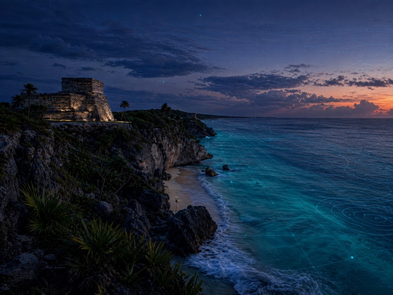 Costa de Tulum al atardecer con mar turquesa y líneas de datos